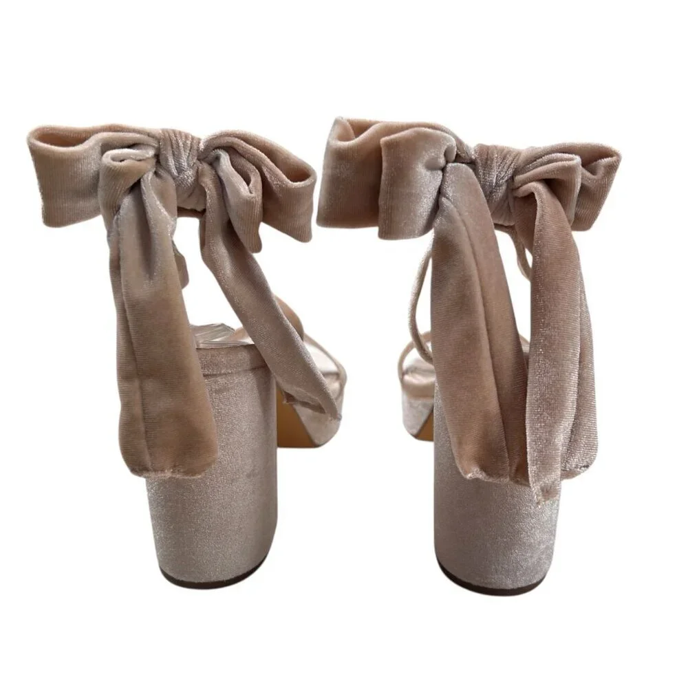 Lulus Sassy Champagne Velvet Bow Platform 8.5 Heels Boho Western Casual Party